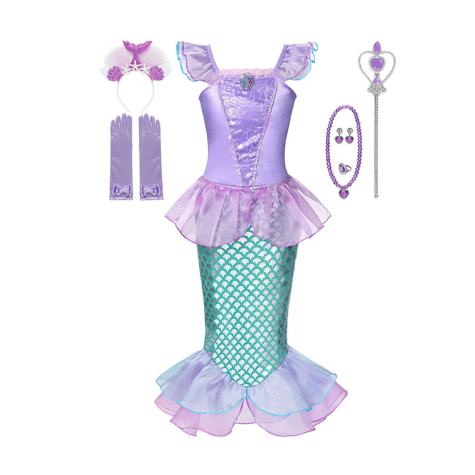 Disney Mermaid Girl Little Princess Arier Dress Cosplay Costume Children Halloween Clothes  Fancy Dress for Girls Party Prom