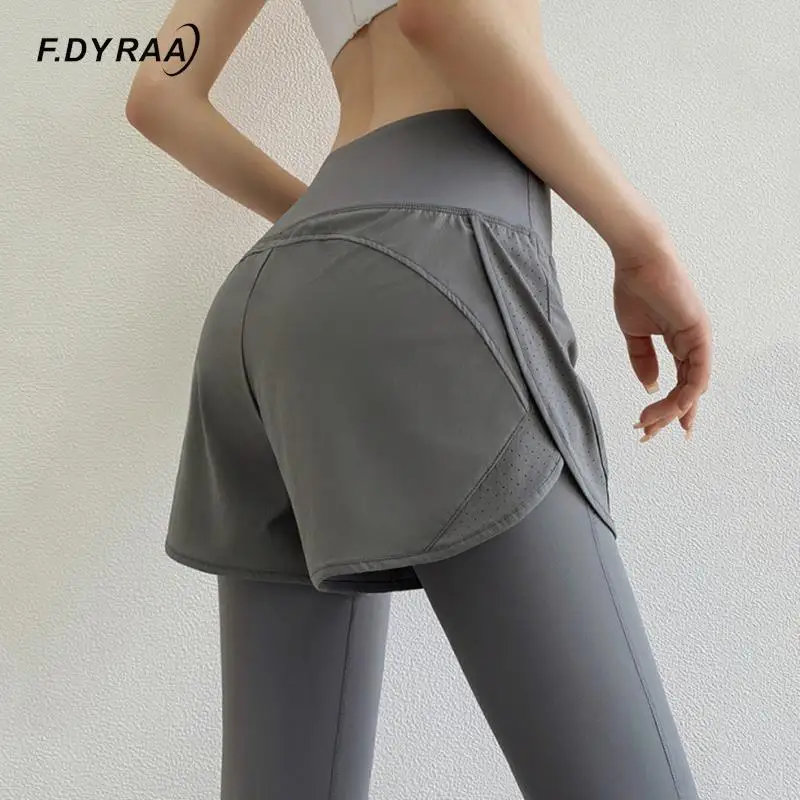 

F.DYRAA Women Yoga Pants With Pocket Fitness Fake Two Pieces Sportswear Training Jogging Tights Gym Elastic High Waist Leggings