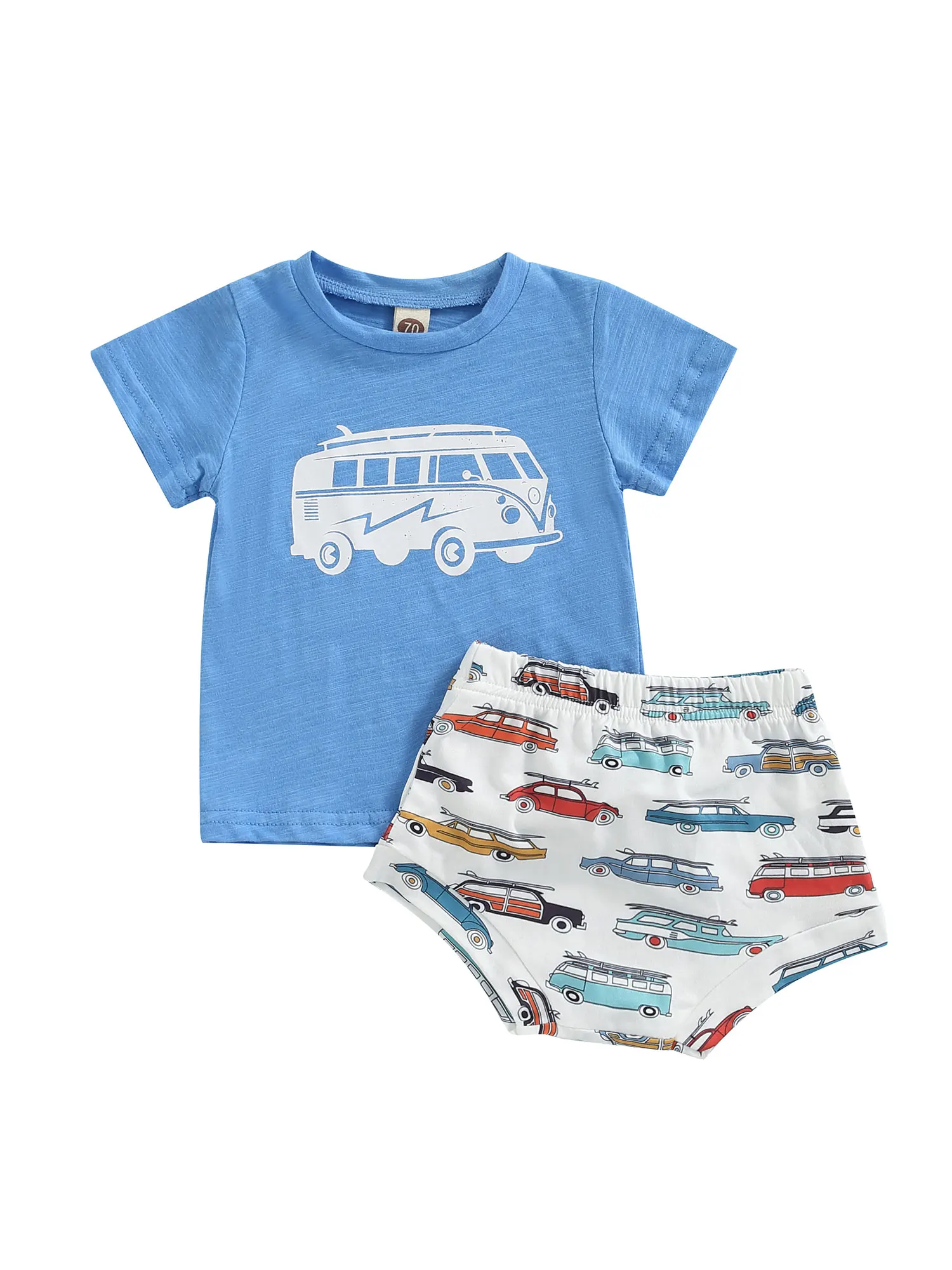 

Летний комплект из 2 предметов для маленьких мальчиков, милый пуловер с круглым вырезом и принтом машинок, футболка с эластичным поясом и ко...