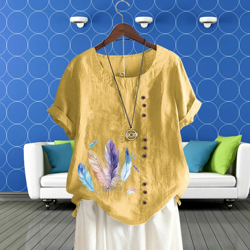 

Casual Colorful Feather Pattern T Shirt Lady's Pullover Women's Clothing Round Neck Loose Linen Short Sleeve Top Pullover