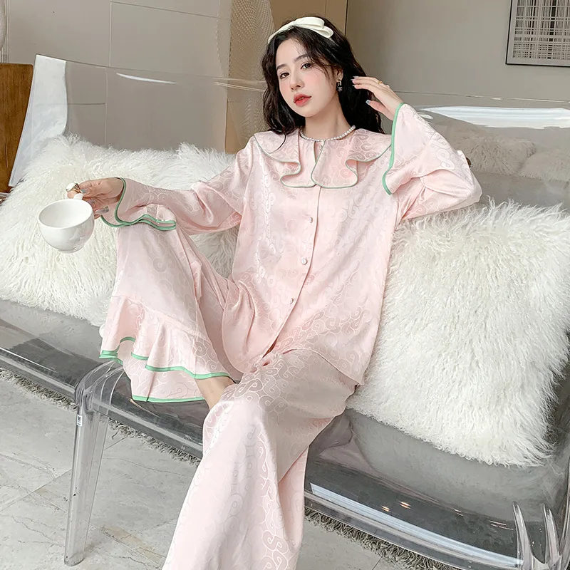 

New Spring Homewear Ice Silk Pajamas Jacquard Flower Flare Sleeve Two Piece Set Women Loose Sleep Suit Pyjamas Long Nightwear