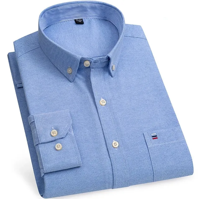 New S-7XLCotton Oxford Shirt For Mens Long Sleeve Plaid Striped Casual Shirts Male Pocket Regular-Fit Button-Down Work Man Shirt 1