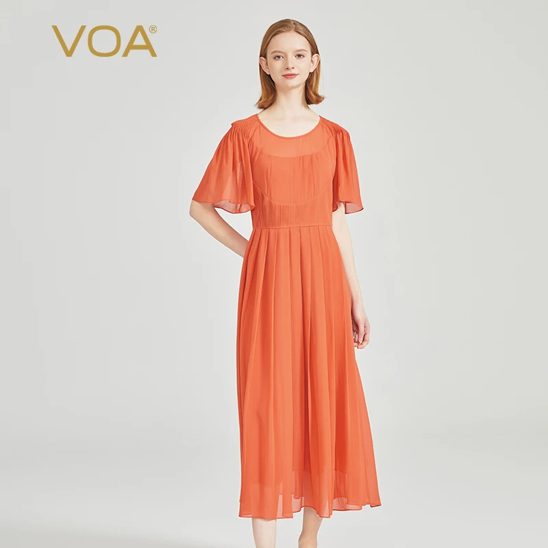 

(Fans Exclusive Discount) VOA Pure Silk Double Layer Georgette O-neck Dresses Women Flare Short Sleeve Silk Dress Summer AE2098
