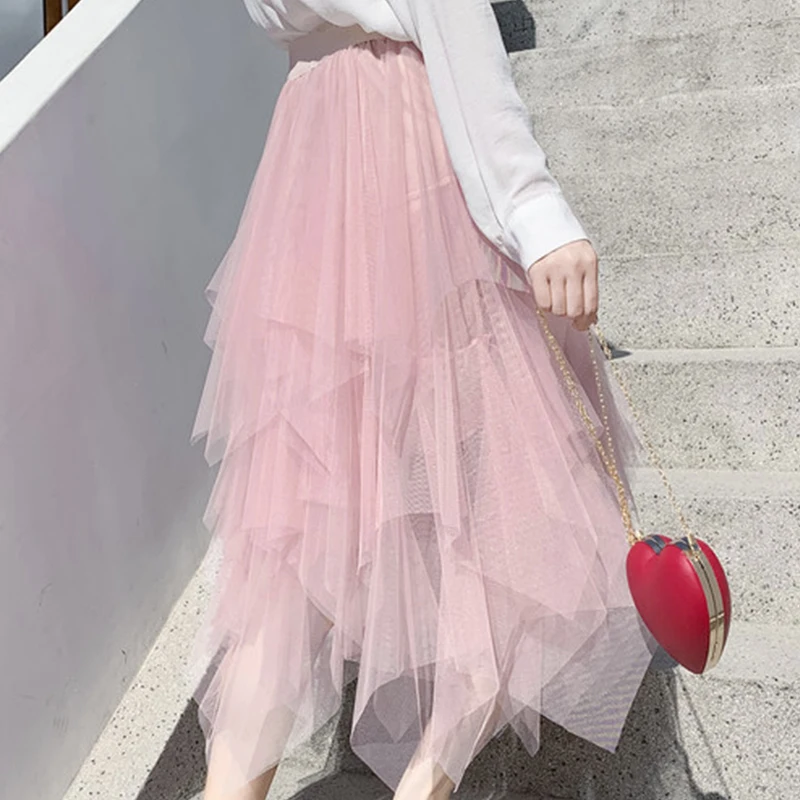 Женская ассиметричная юбка из тюля повседневная длинная Плиссированная