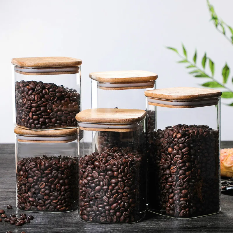 

Wood Lid Square Glass Airtight Canister Kitchen Storage Bottles Jars Food Grains Tea Coffee Grains Candy Containers Transparent