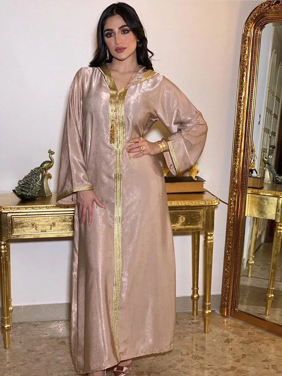 Платье-абайя женское с капюшоном, арабское мусульманское платье Дубая, цвета шампанского, марокканский кафтан, турецкая исламская одежда, ...