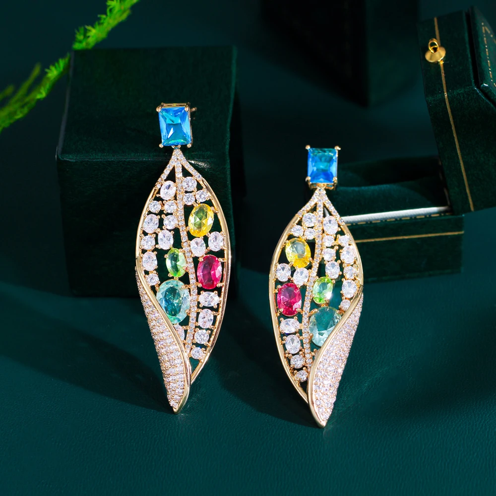 

Роскошные Крупные Разноцветные серьги BeaQueen с кубическим цирконием, покрытые золотом, длинные серьги в форме листьев для женщин, свадебное платье, искусственные ювелирные изделия E658
