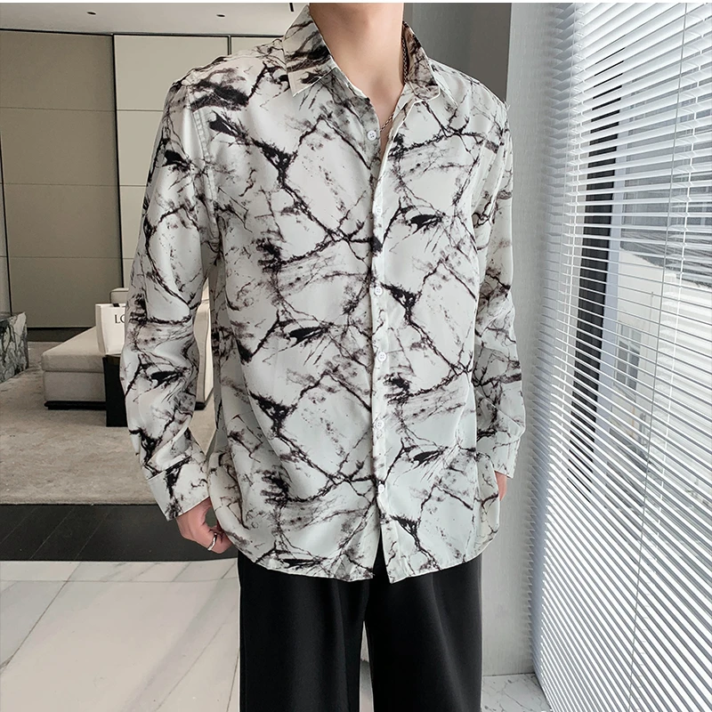 Crack Printed Shirts for Men 2022 Long Sleeve Loose Casual Shirt High Quality Streetwear Social Party Tuxedo Blouse Men Clothing