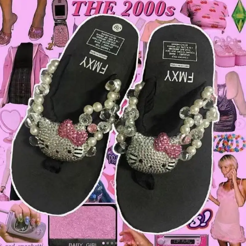 

New Sanrio Hello Kitty Y2K Hot Girl Flip Flops Full Diamond Gem Hot Girl Kitty Heightening Platform Shoes Sponge Sandals