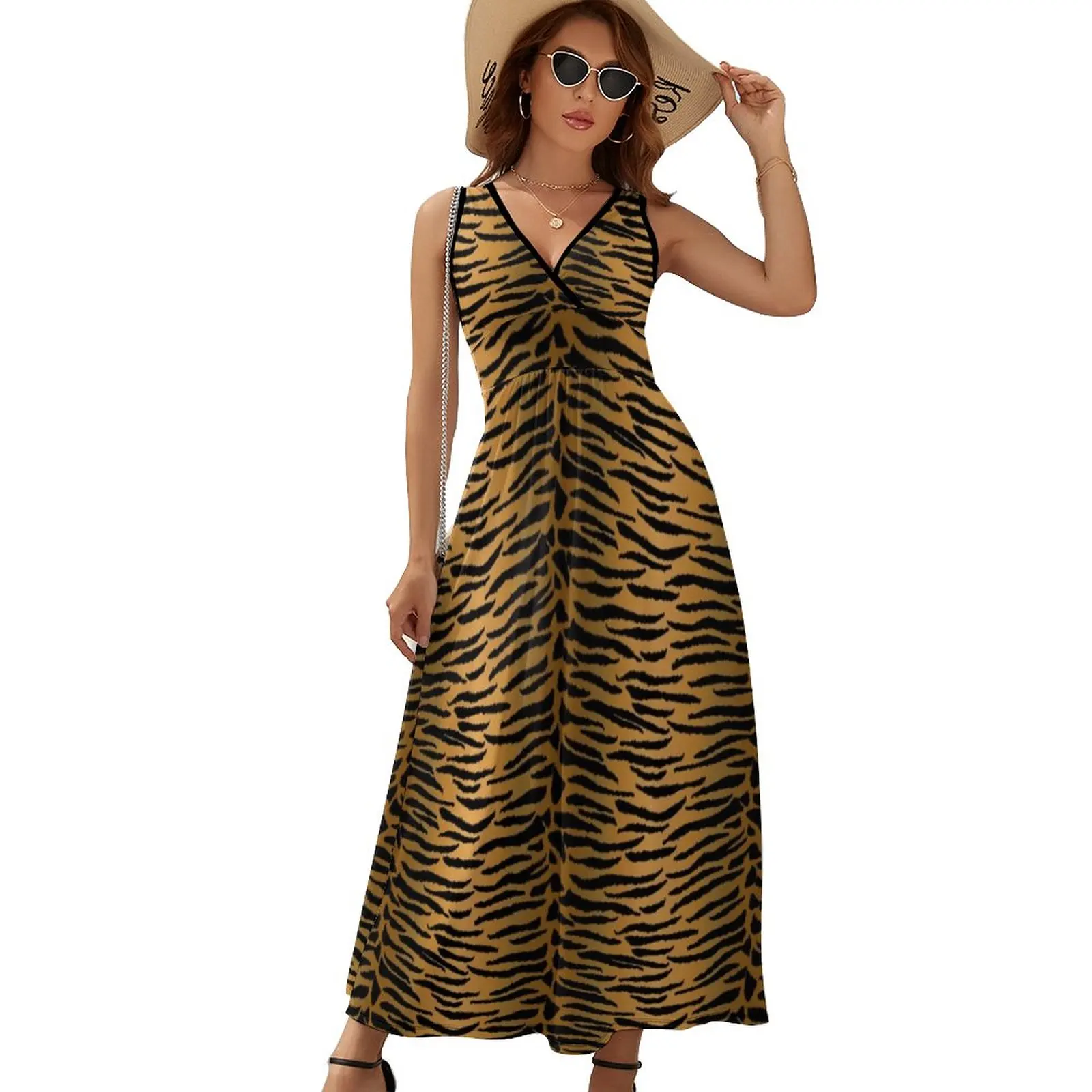 

Golden Tiger Print Dress Animal Skin Lovers Korean Fashion Bohemia Long Dresses Woman Kawaii Maxi Dress Printed Vestidos Present