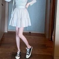 korean women high waist cotton solid pleated skirts summer elastic a line vintage elegant clubwear mini skirt female streetwear