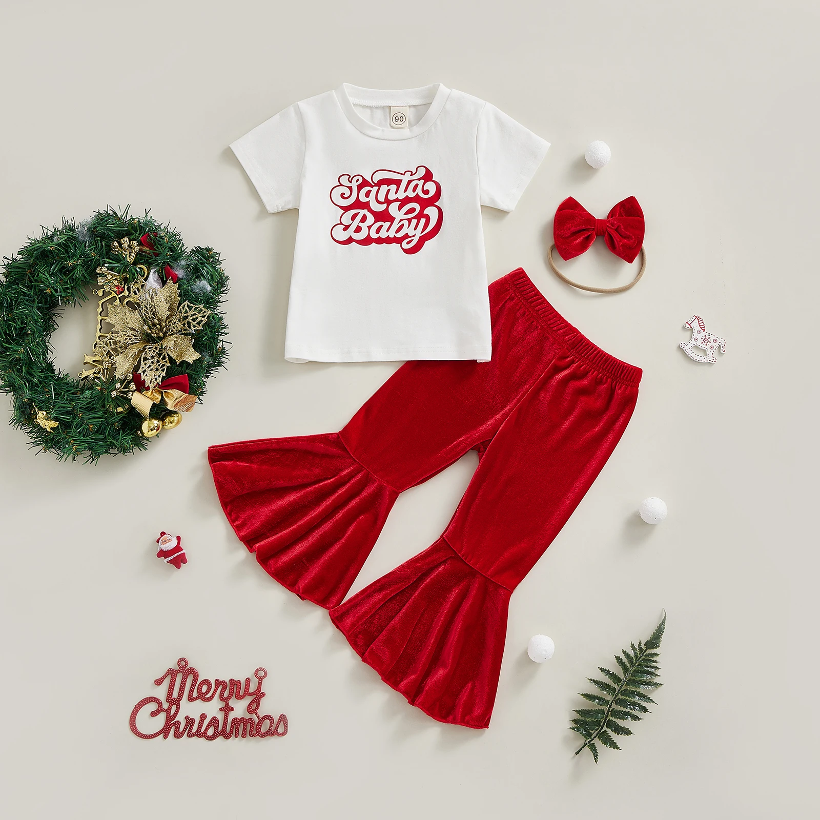 

TR New Summer Christmas Kids Girls Outfits Letter Print Short Sleeve Tops and Casual Velvet Flare Pants Headbands Clothes Set