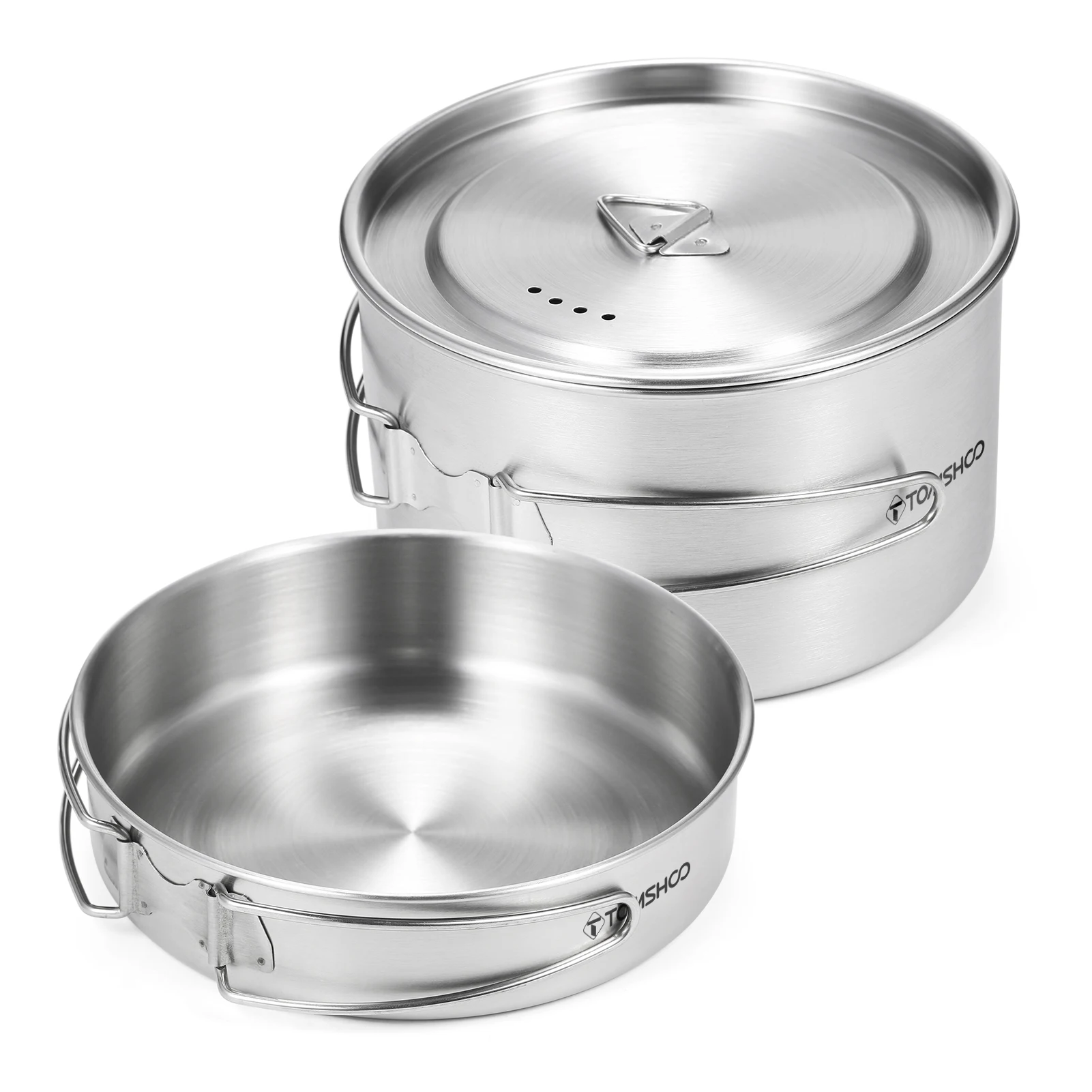 

TOMSHOO 2pcs Camping Cookware Set Stainless Steel Pot Pan Cooking Set with Foldable Handles Mesh Carry Bag Camping Cookware