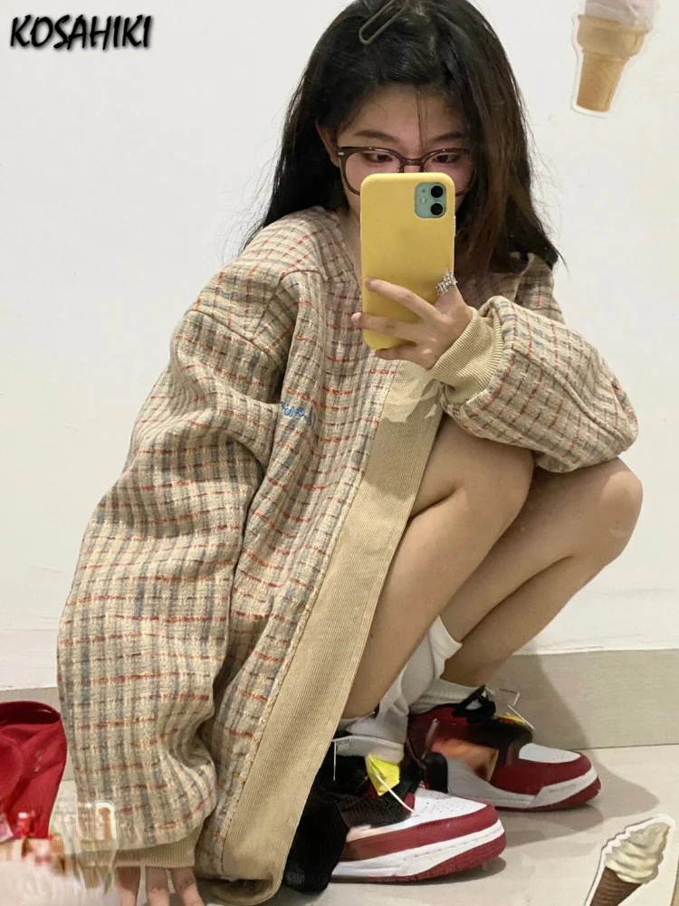 

2023 Reversible Harajuku Zipper Plaid Printed Jacket Womens Autumn Baseball Cloth Y2k Aesthetic Vintage All Match Coats