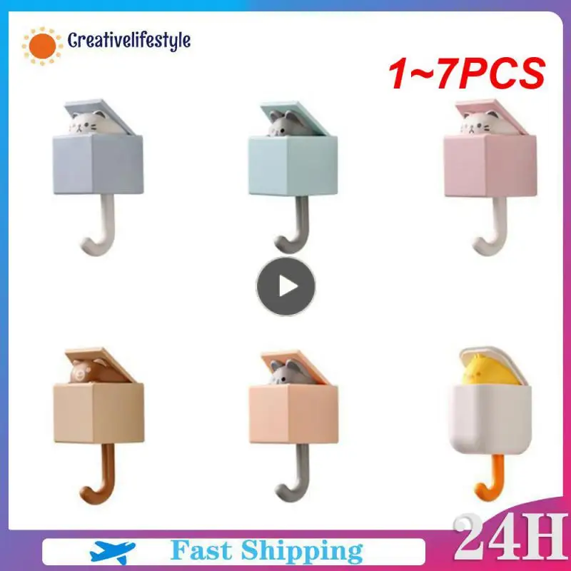 

1~7PCS Cartoon Cat Hook Self Adhesive Dormitory Bedroom Door Hangers Hooks Key Umbrella Towel Coat Rack Wall Animal