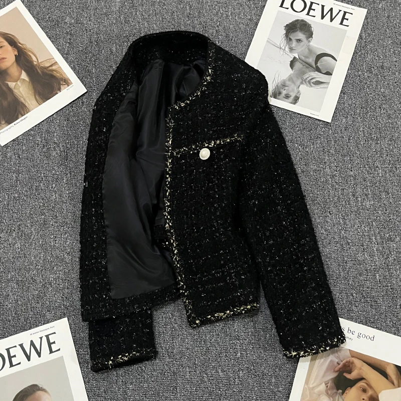 

Черная модная короткая стильная маленькая Ароматизированная куртка для женщин 2023 осень и зима новый высококачественный чувственный маленький темпераментный костюм