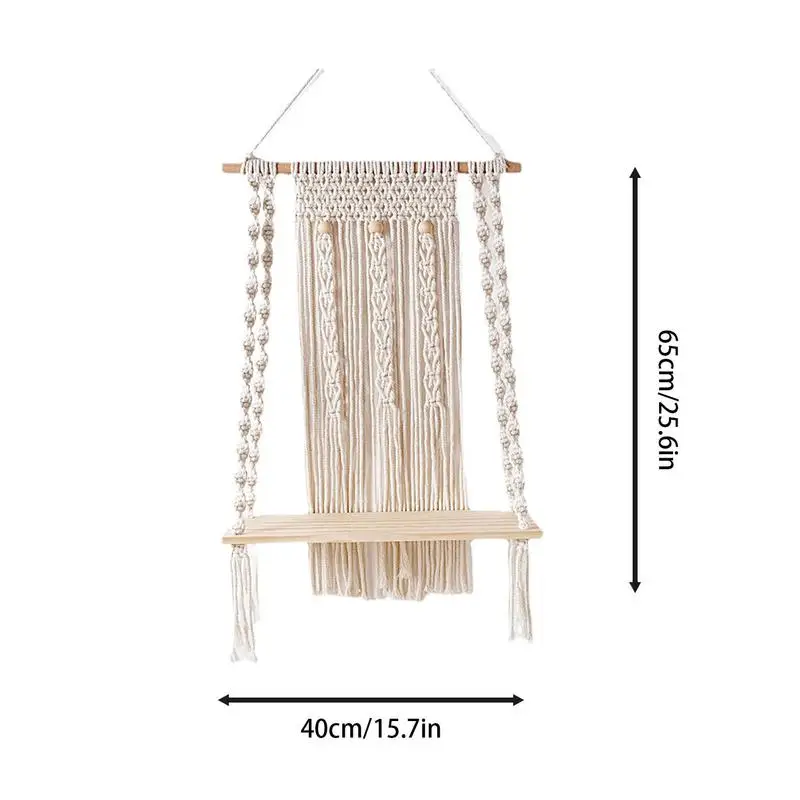 ramienna półka wieszak ścienny organizer w stylu boho ręcznie tkana lina roślina drewniany na kółkach