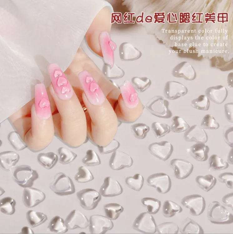 100pcs/Bag Nail Art Charms Clear Flat Bottom Love Ornament Jelly Resin Diamond Stereo Cheek is red Crystal