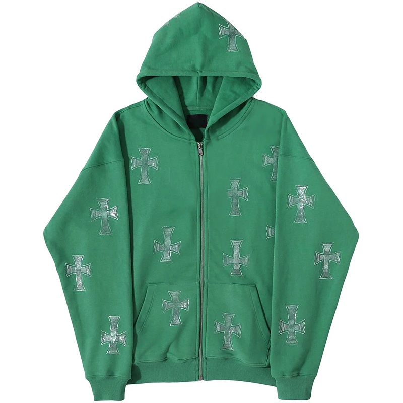 

Rhinestone Gothic Streetwear Green Zip Up Hoodie Men Cross Hip Hop Sweatshirt Harajuku Punk Night Show Sport Y2K Women Clothing
