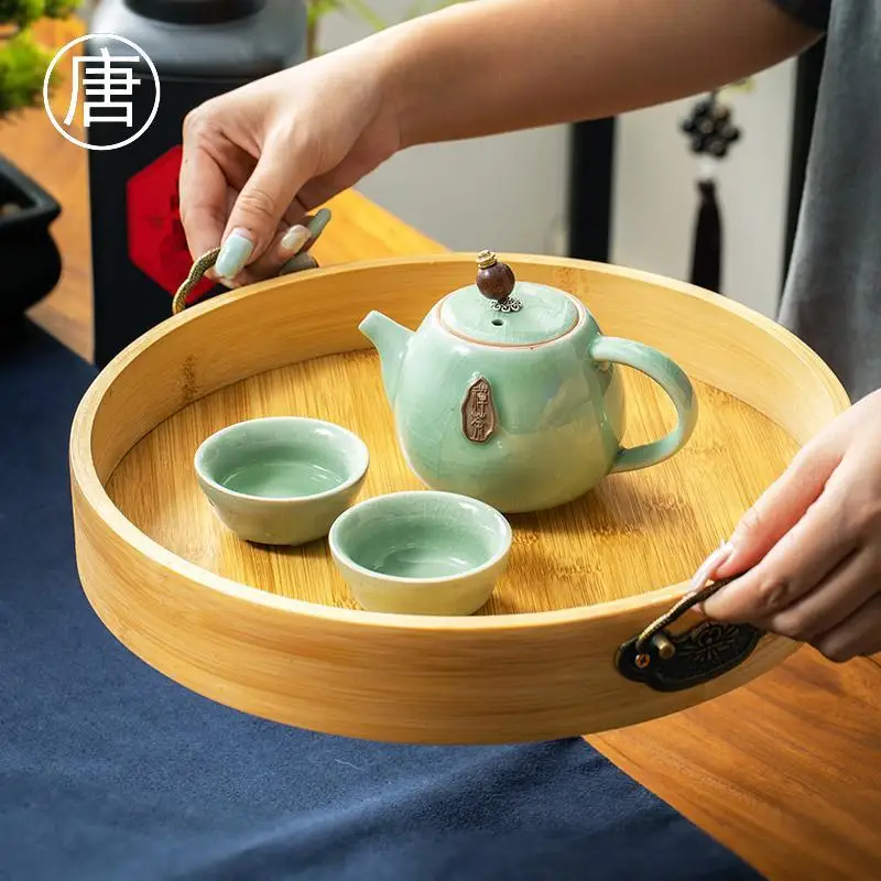 Bamboo Tray Tray Rectangular Bamboo Tray Small Household Tea Cup Plate Wooden Tea Tray Round Wooden Tray  Tea Table Serving Tray