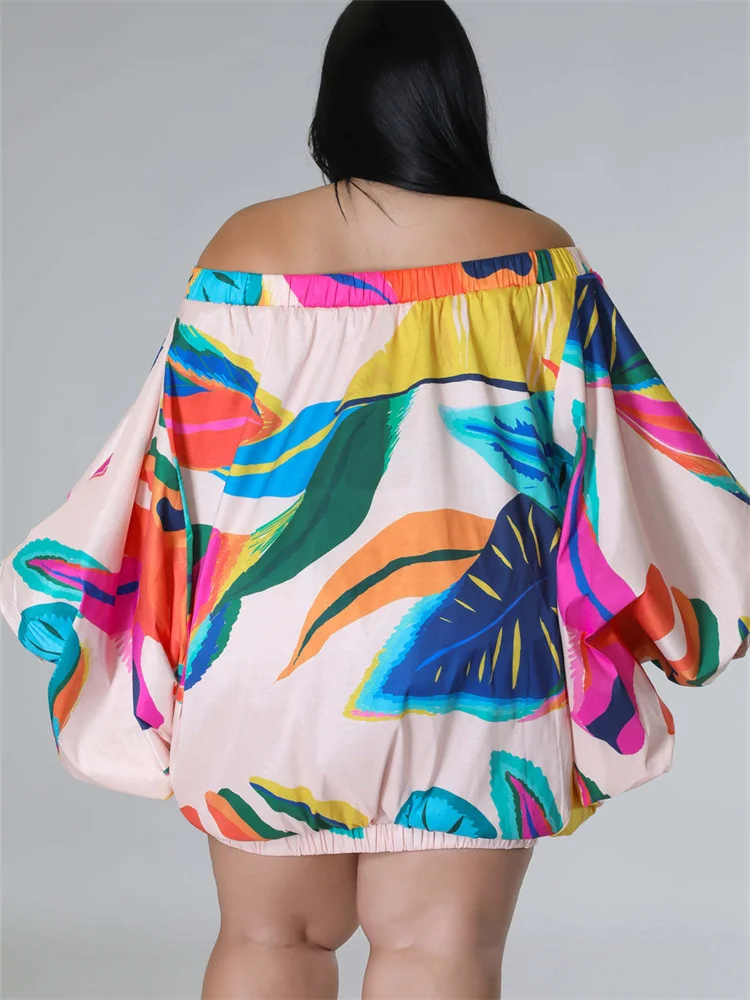 Plus Size Women Clothing Off Shoulder Dress Summer Print Loose Stretch Elegant Mini Dresses Women Whol 3xl 4xl 5xl 6xl