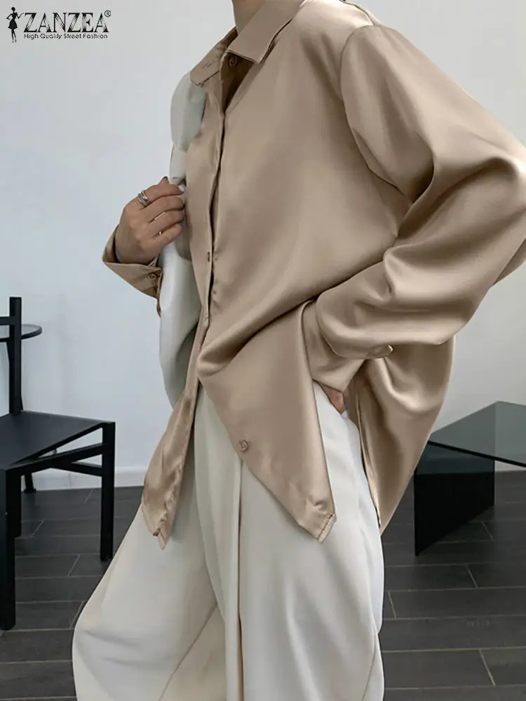 

ZANZEA Spring Women Elegant Stain Blouse Shirt Loose Buttons Blusas Fashion Casual Lapel Neck Long Sleeve Street Chemise Tops