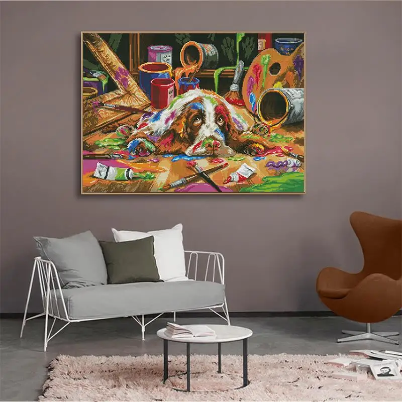 Щенок любит рисовать. Животные узоры. Набор для вышивки крестом. 14CT 16CT 11CT. Белый