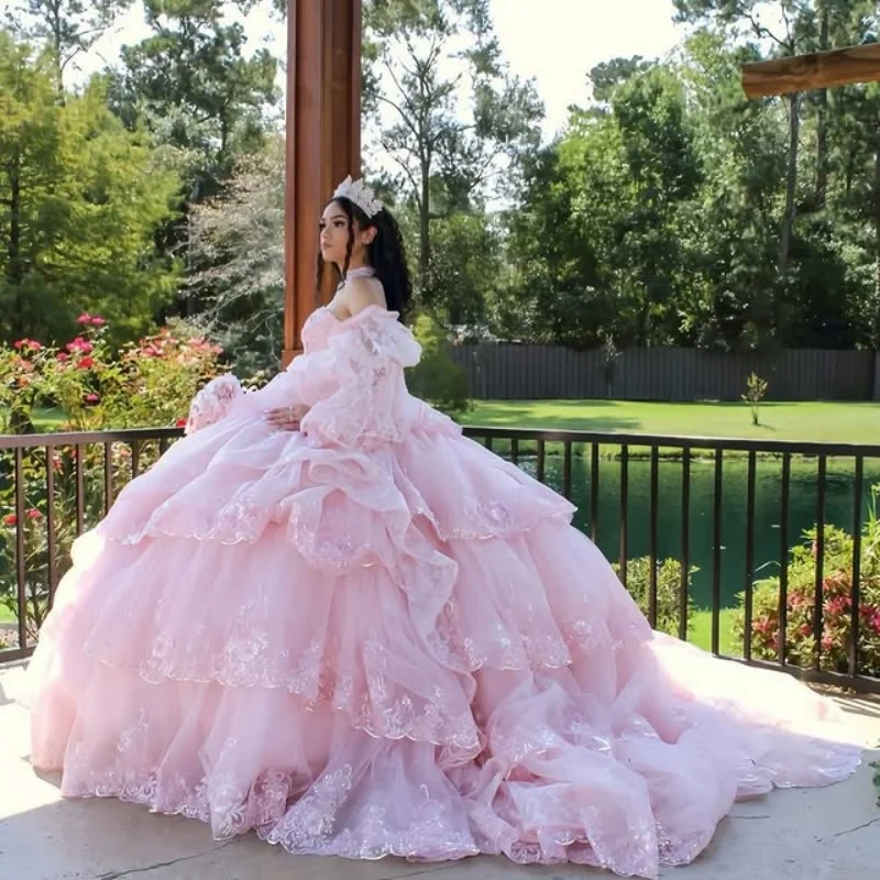 Фото Блестящее синее платье Quinceanera с блестками и кристаллами, цветочная наклейка, кружевное многослойное платье с длинным хвостом и бантом, Vestidos De 15, Quinceanera ﻿ Настроить №3
