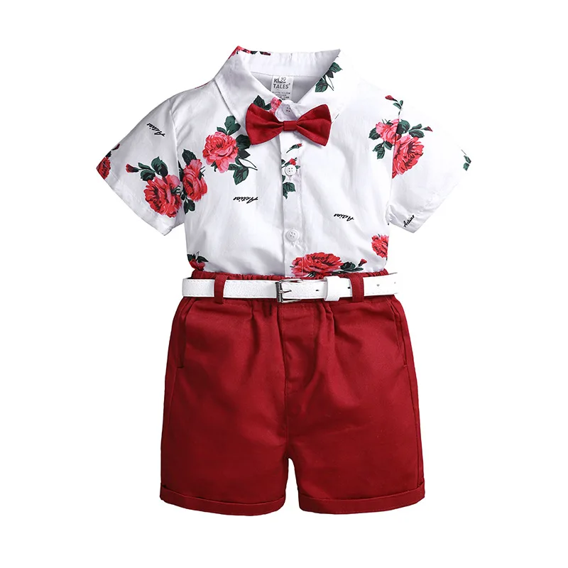 

Summer Formal Short Sleeve Shirt And Shorts Kids Suit Woven Cotton Rose Print Bow Tie Baby Boy Dress Set with Belt 1-8 Years