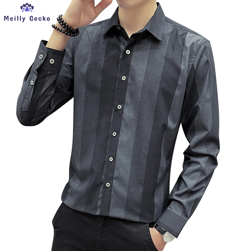 Meilly Gecko 2022 Long Sleeves Spring And Autumn Stripe Men Summer Thin Business Leisure Blouse Autumn Clothes Jacket Shirt