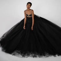 puffy black a line draped tulle prom gowns for women o neck sleeveless long formal dress crystal floor length tulle dresses
