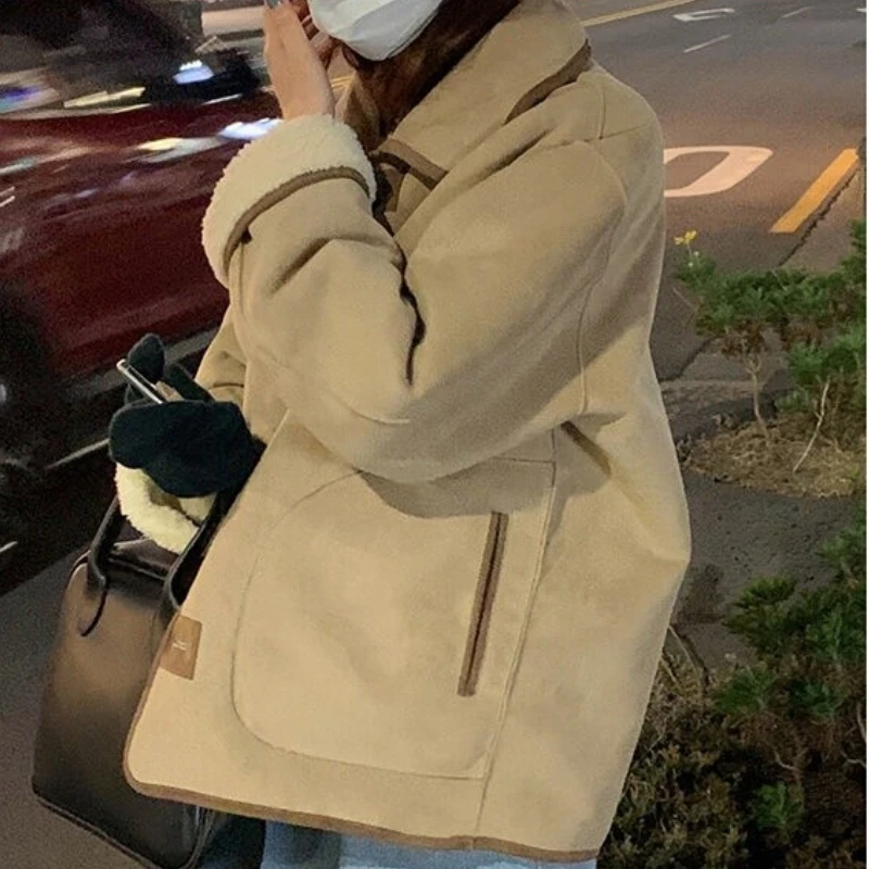 Fluffy Thicken Coat Female Korean Fashion Loose Lamb Fur Woman Turn Down Collar Long Sleeve Coats Women Single-breasted Top