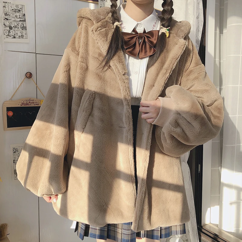Winter White Cute Parkas Soft Oversized Fluffy Faux Fur Coat Women with Hood Long Sleeve Lovely Harajuku Kawaii Jacket 2021