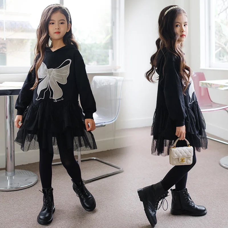

Корейские сетчатые платья с вышивкой для девочек осенне-зимнее милое черное повседневное Свободное платье с капюшоном для девочек 6, 8, 10, 12 лет