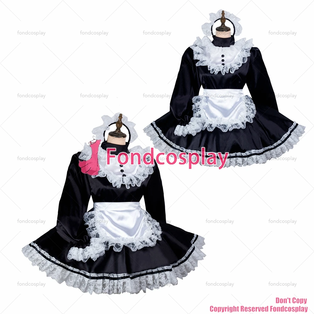 

tailor-made sexy adult dressing cross maid sissy short black satin dress lockable uniform white apron costume tv/cd[g2435]