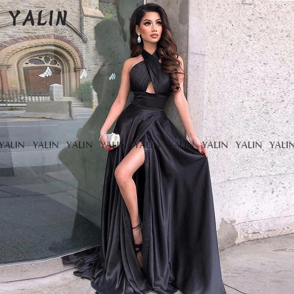 

YALIN Women's Black Evening Dress Satin Slim A-Line Elegant Side Slit Simple Halter Neck Prom Dress Sweep Train pearl dress
