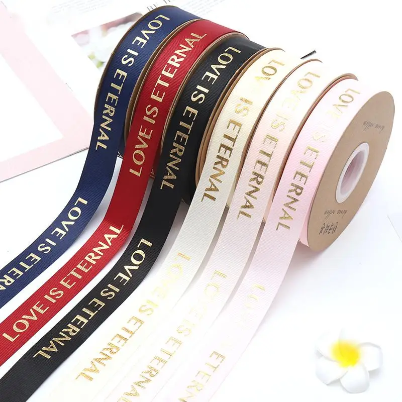 

2.5cm*45meters/Roll LOVE IS ETERNAL Hot Stamping Printed Polyester Grosgrain Ribbon for Decorative DIY Crafts Gift Flowers