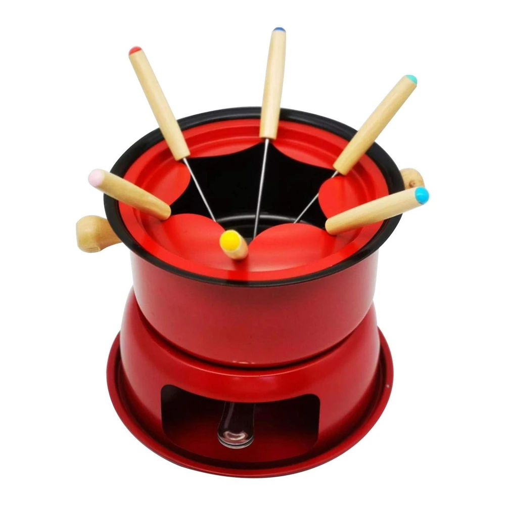 

Red Mini Stainless Steel Fondue Pot Set Cheese Chocolate Fondue 6 Dipping Forks and Removable Pot Melts Candy Sauce Dip