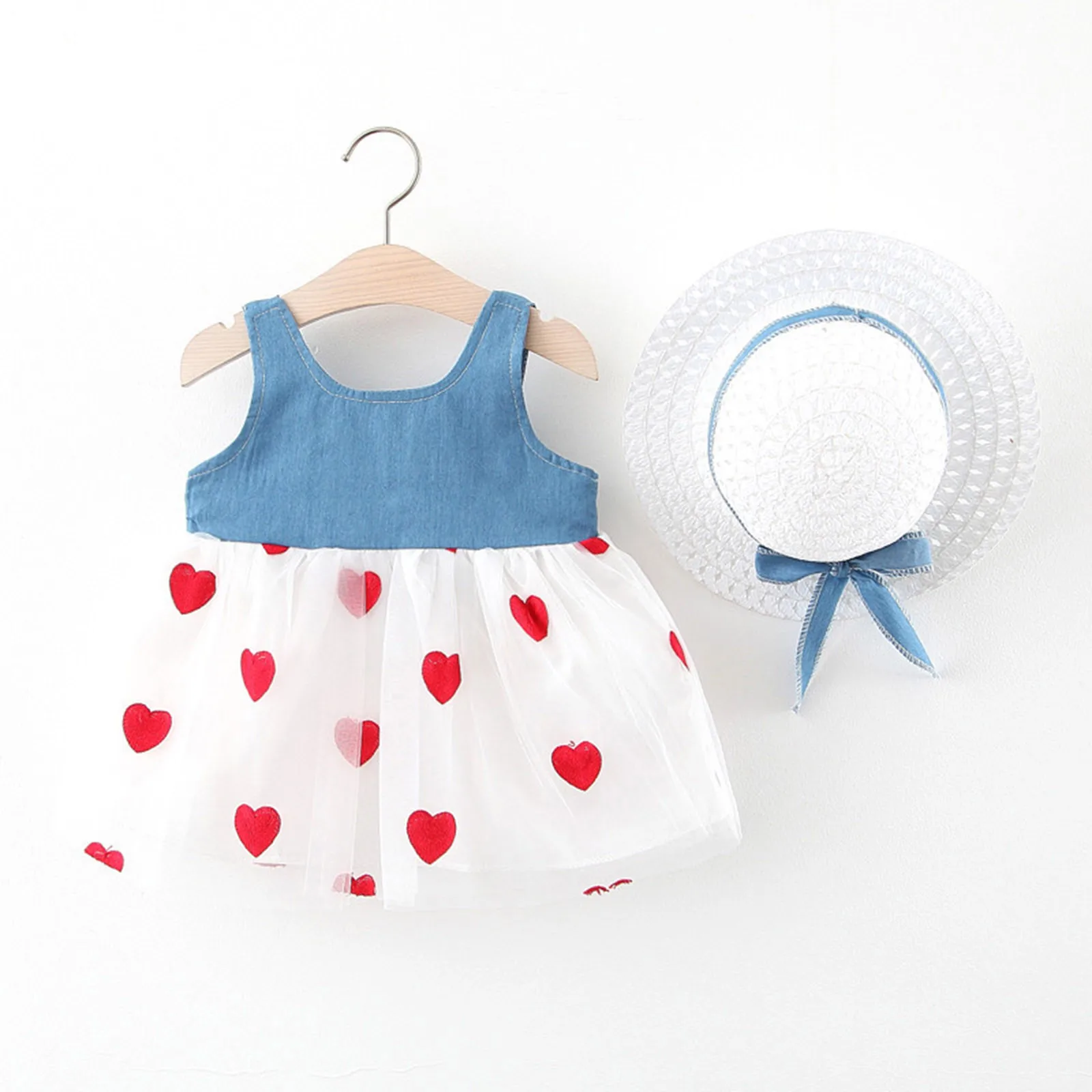 

Рождественский комплект одежды для маленьких девочек, детский соломенный лоскутный комплект с сердцем для малышей, шапка, детская джинсова...