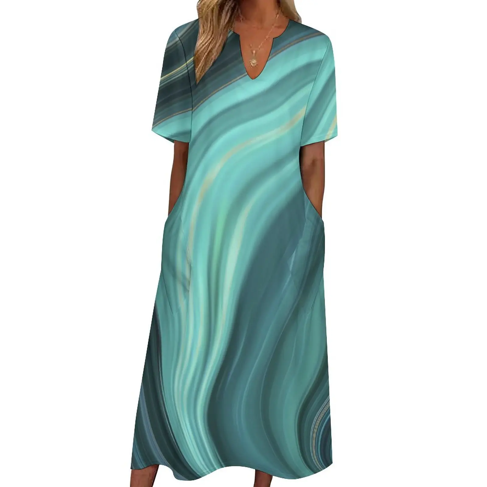 

Платье женское длинное с принтом жидкости, модное Повседневное платье в Корейском стиле, зеленое Мраморное платье макси, подарок на день рождения, на лето