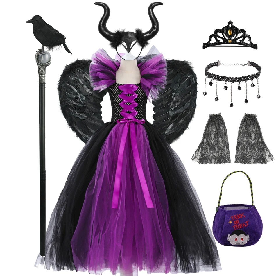 

Disney Maleficent Halloween Costume Cosplay Dress Deluxe Girls Fancy Christening Black Glam Gown Tutu Kids Demon Queen Witch