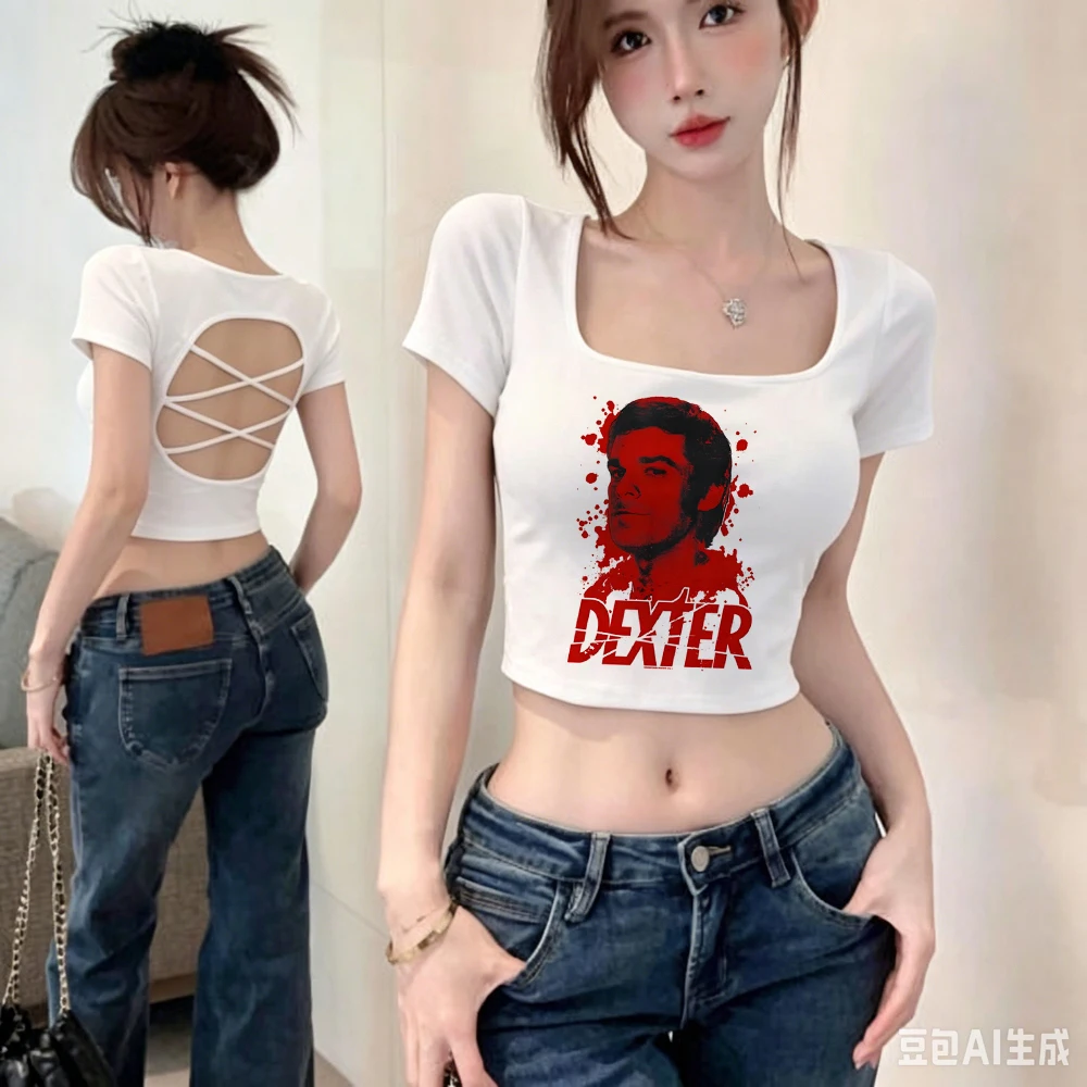 Фото Женский укороченный топ Dexter Morgan с японским винтажным принтом, забавная футболка в стиле эмо для вечеринок, корейская мода, распродажа, забавные принты №1