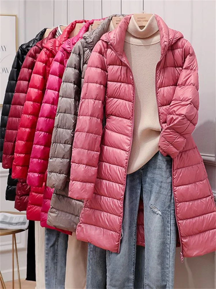 

Autumn Winter Oversize Down Jackets Womens Long Light Thin White Duck Down Coat Ladies Warm Puffer Jacket Remove Hooded Parkas