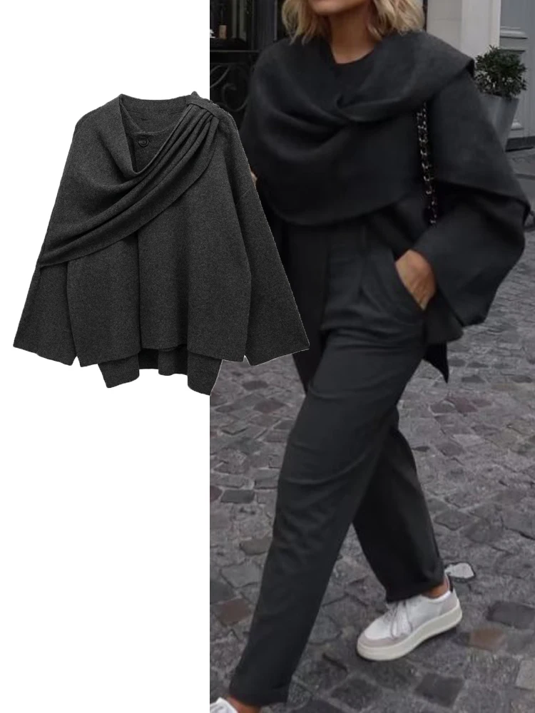 

KJMYYX, вязаное женское модное свободное теплое Асимметричное пальто с воротником-шалью, зимняя винтажная женская верхняя одежда с длинным рукавом, шикарная верхняя одежда