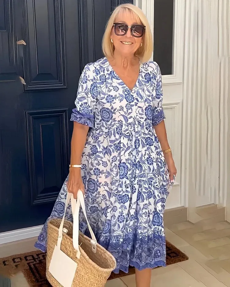 Женское длинное платье с цветочным принтом Элегантное повседневное V-образным