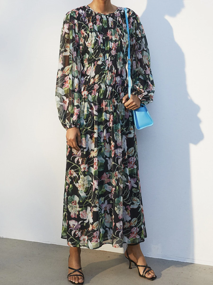 

Женское винтажное платье средней длины, платье с цветочным принтом, круглым вырезом и длинным рукавом, со складками, в французском стиле, осень 2023