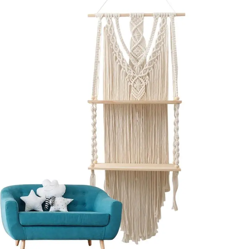 

Boho Style Macrame Rope Woven Wood Shelf Tapestry Tassel Wall Floating Hanging Art Organizer Hanger Home Decor Handmade