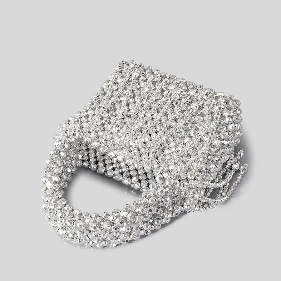 Fashion Acrylic Beading Tassel Women Handbags Silver Beaded Handbags Handmade Woven Summer Beach Small Tote Party Purses 2023