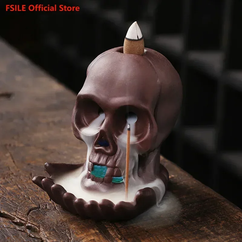 

FSILE Purple Sand Halloween Backflow Incense Burner Decorations Creative Skull Head Backflow Incense Burner LED Lamp Ornaments
