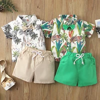 toddler kids baby boys 2pieces cotton outfit animals leaves print short sleeve shirts solid color shorts summer casual set